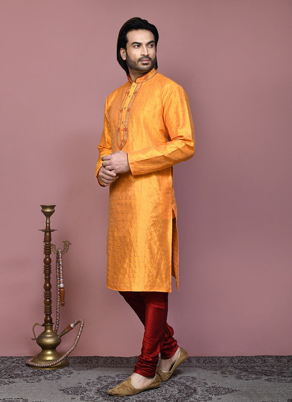 Resham Art Silk Orange Kurta Pyjama - M7902