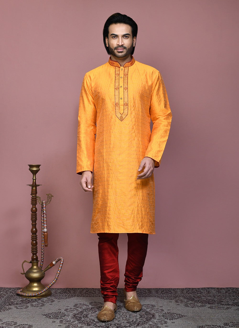 Resham Art Silk Orange Kurta Pyjama - M7902