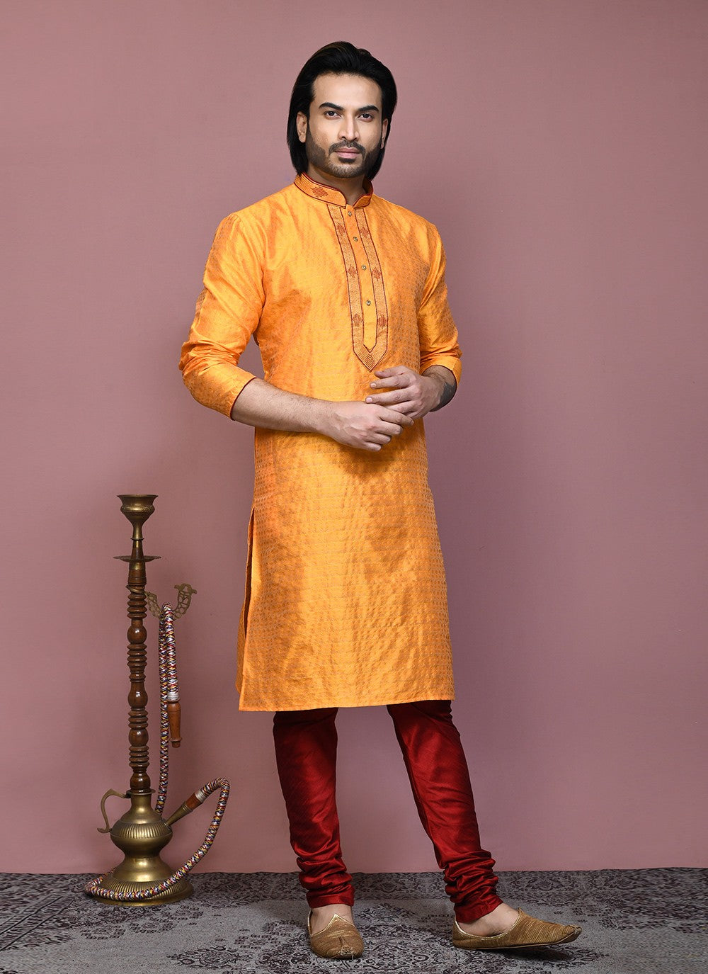 Resham Art Silk Orange Kurta Pyjama - M7902