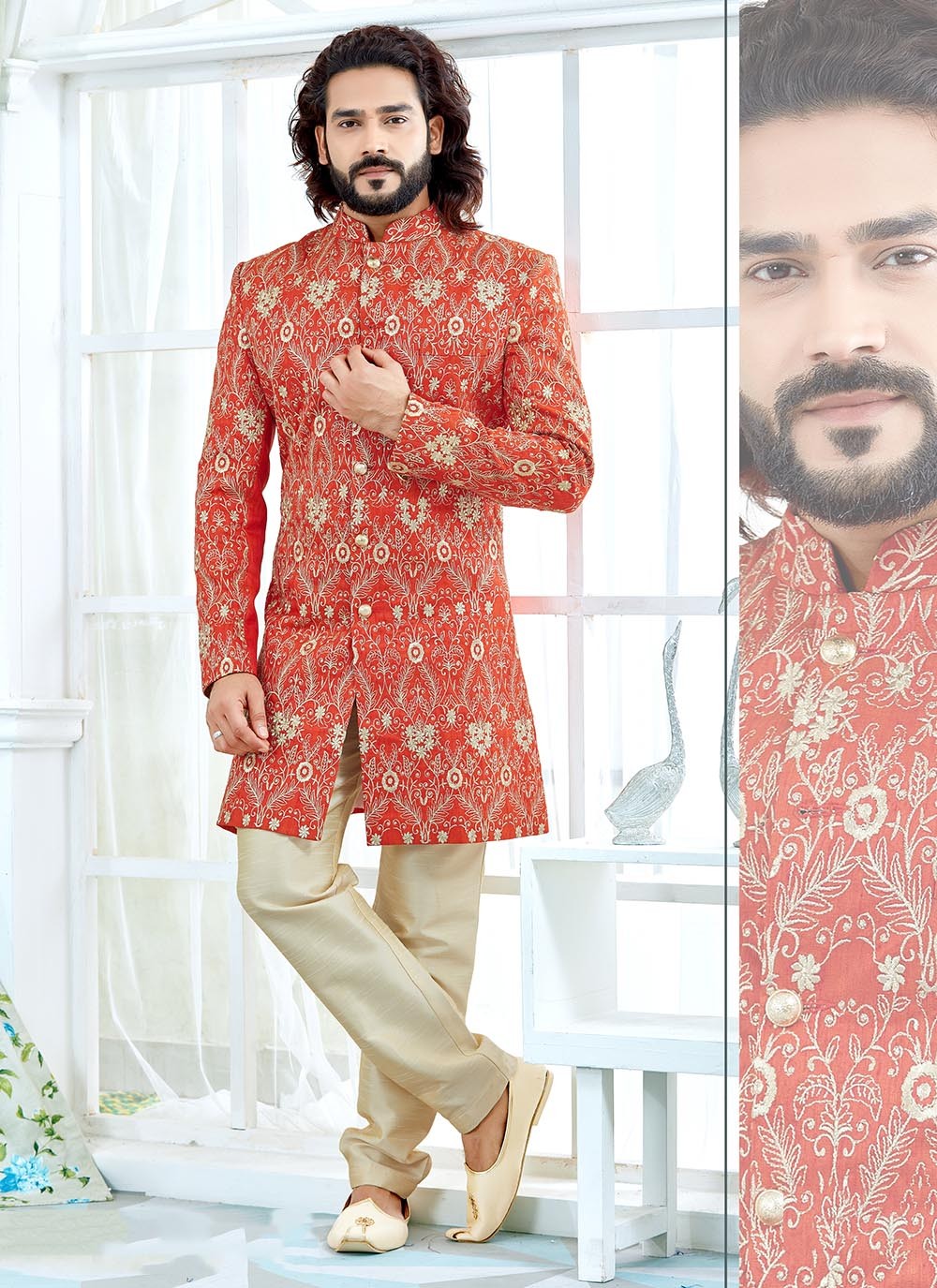 Hand Embroidery Banglori Silk Orange Indo Western - M2110