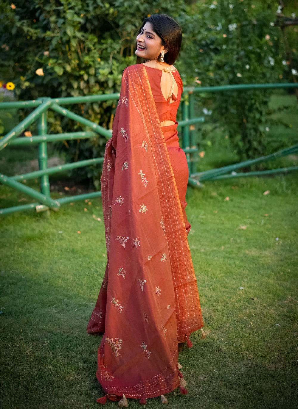 Classic Embroidered Khadi, Tussar Silk Orange Saree - S10807