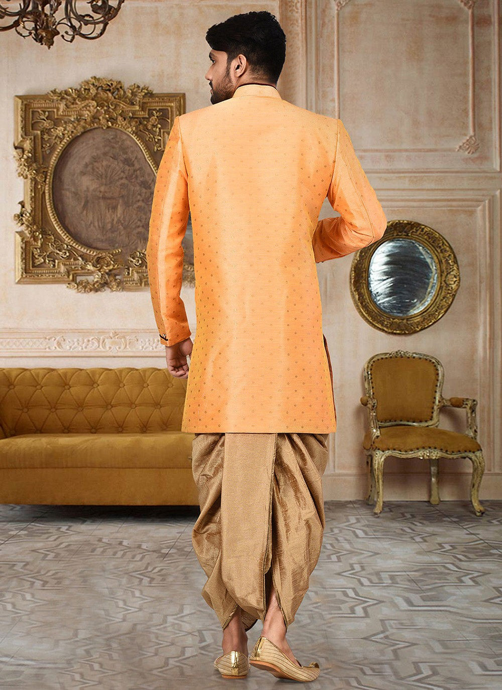 Zari Cotton , Linen Orange Indo Western Sherwani - M2759