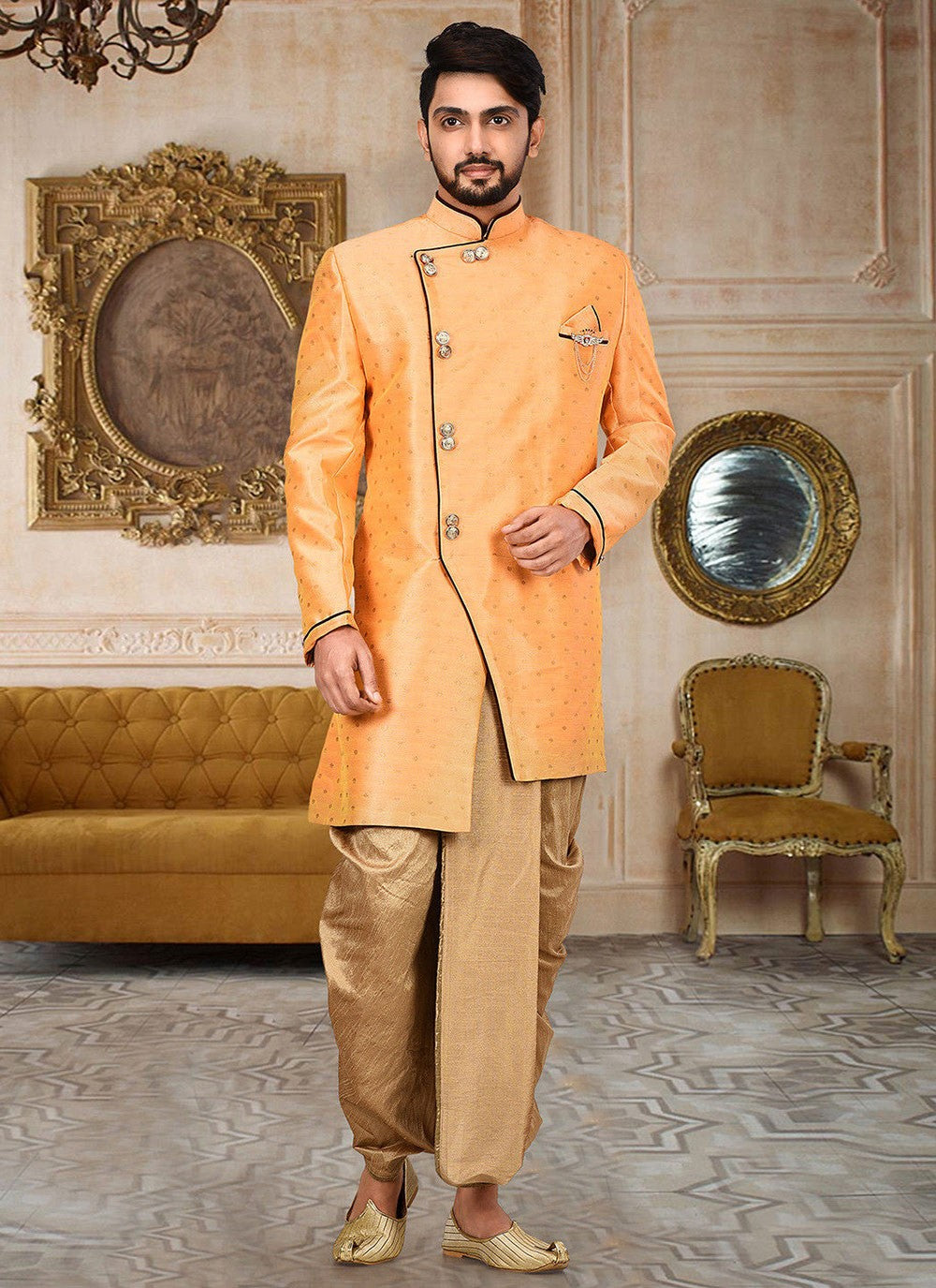 Zari Cotton , Linen Orange Indo Western Sherwani - M2759