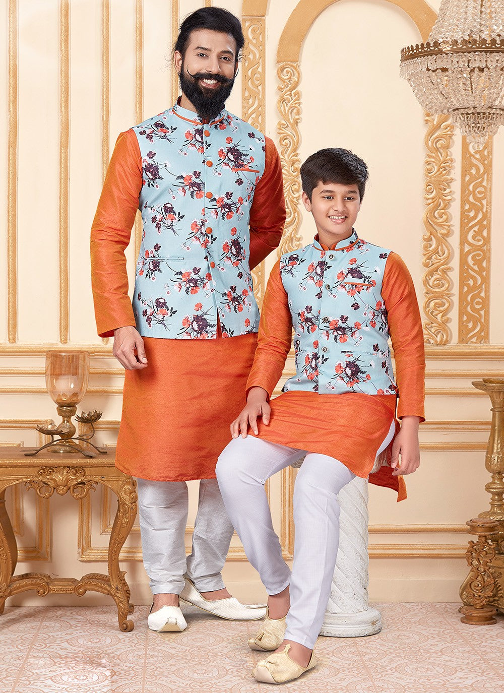 Printed Cotton , Dupion Silk Orange Kurta Payjama With Jacket - M2039