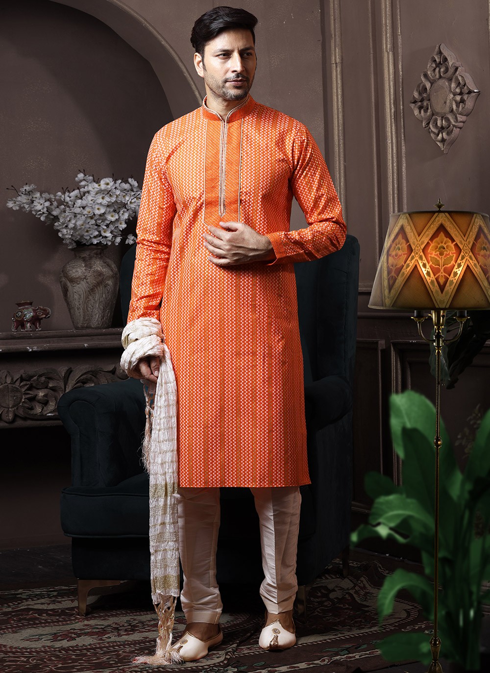 Printed Cotton Orange Kurta Pyjama - M3612