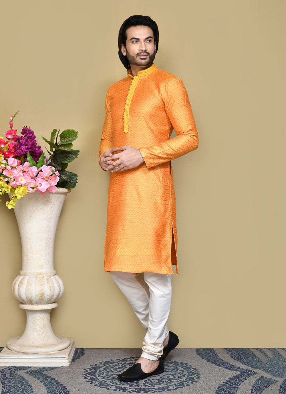 Resham Cotton Silk Orange Kurta Pyjama - M7826