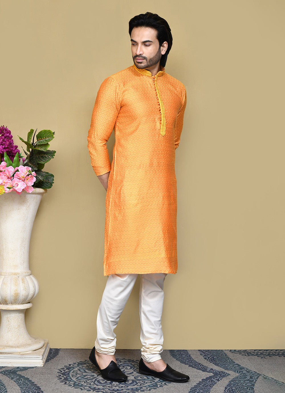 Resham Cotton Silk Orange Kurta Pyjama - M7826