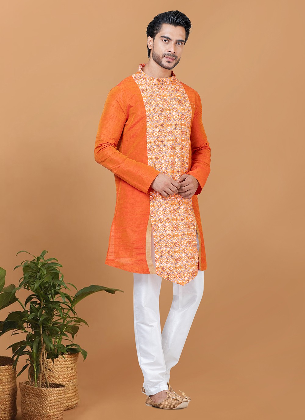 Digital Print Banarasi Silk, Cotton Orange Kurta Pyjama - M5960