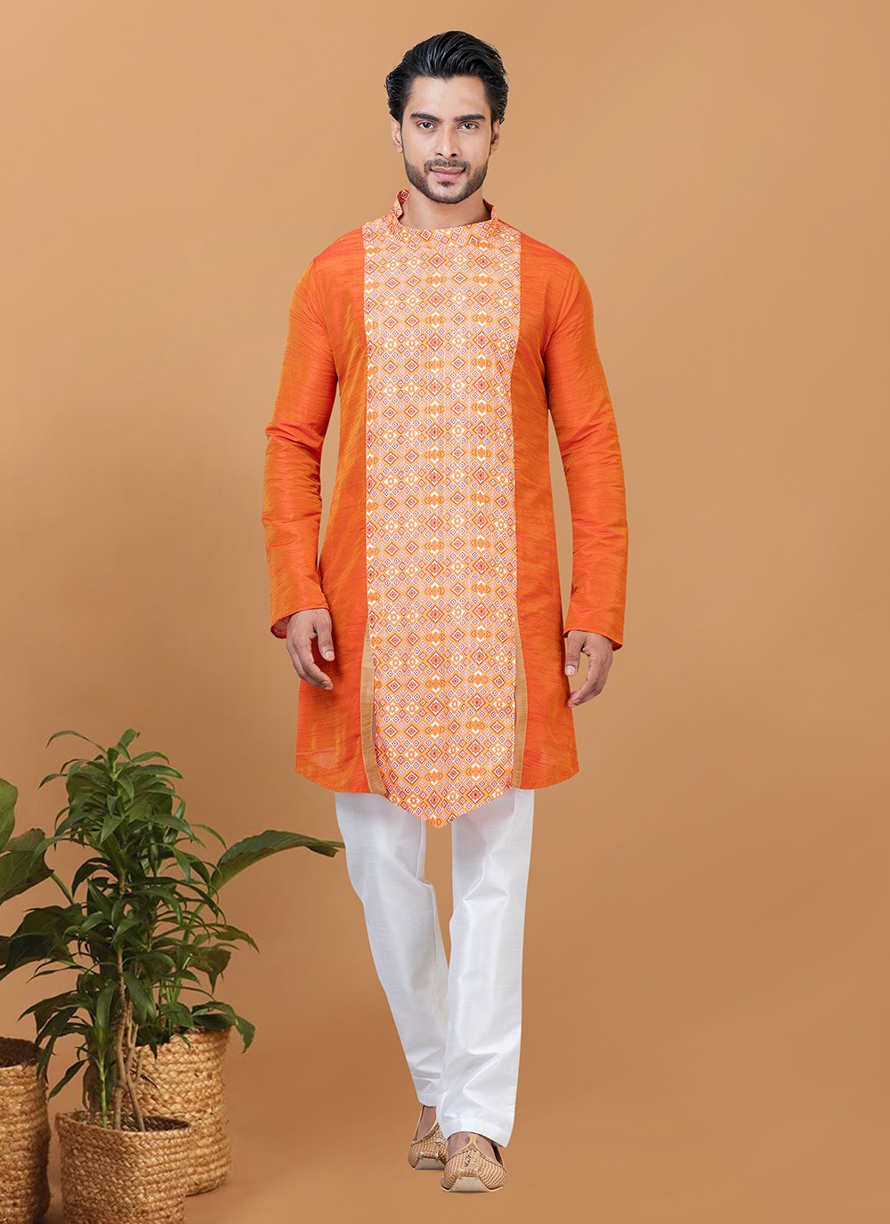 Digital Print Banarasi Silk, Cotton Orange Kurta Pyjama - M5960