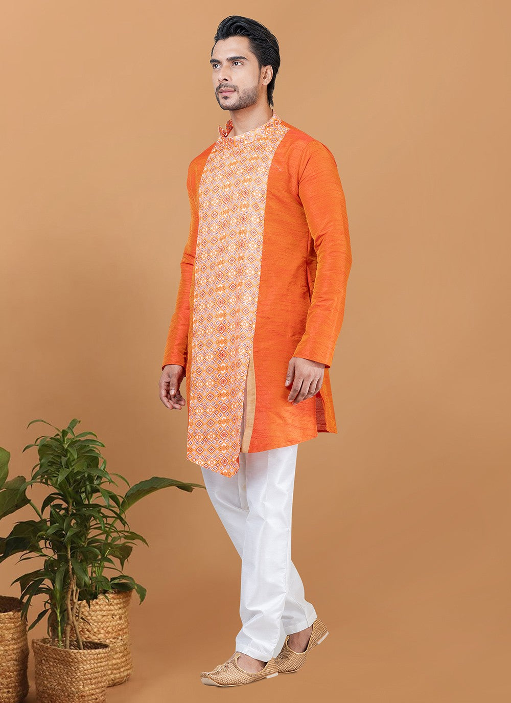 Digital Print Banarasi Silk, Cotton Orange Kurta Pyjama - M5960