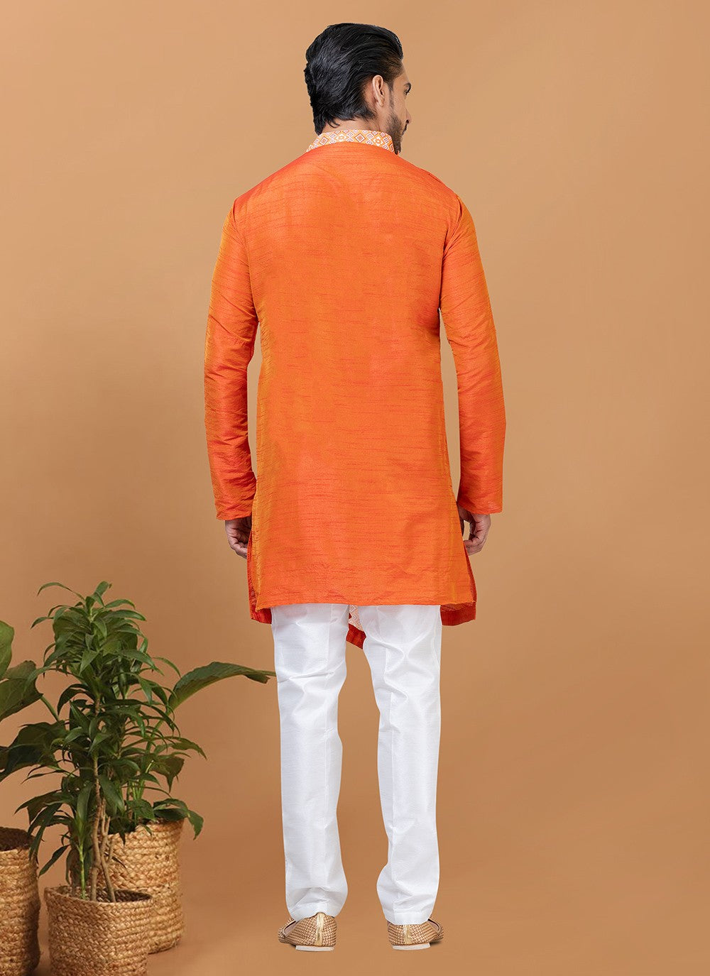 Digital Print Banarasi Silk, Cotton Orange Kurta Pyjama - M5960