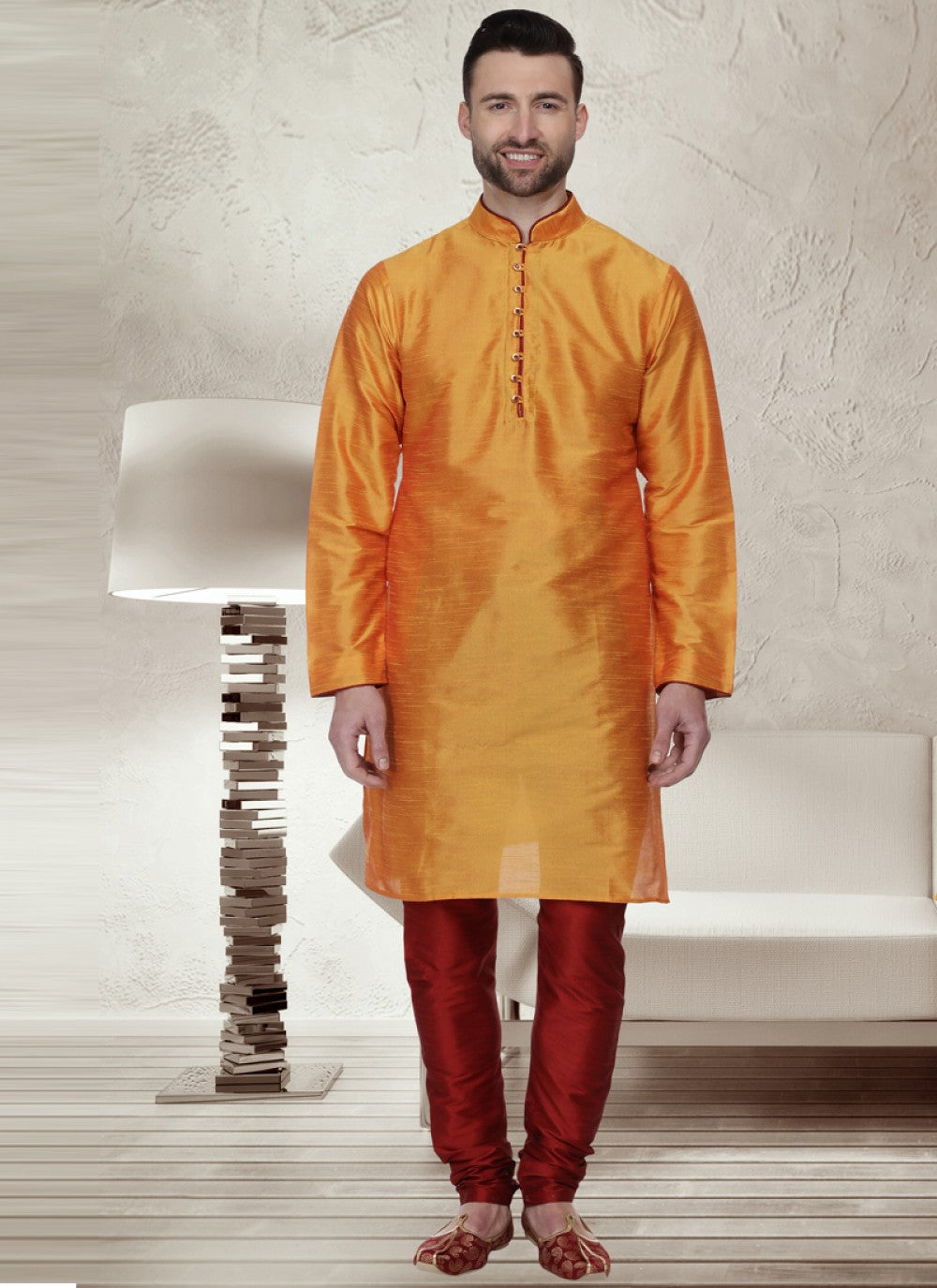 Patch Dupion Silk Orange Kurta Pyjama - M1072