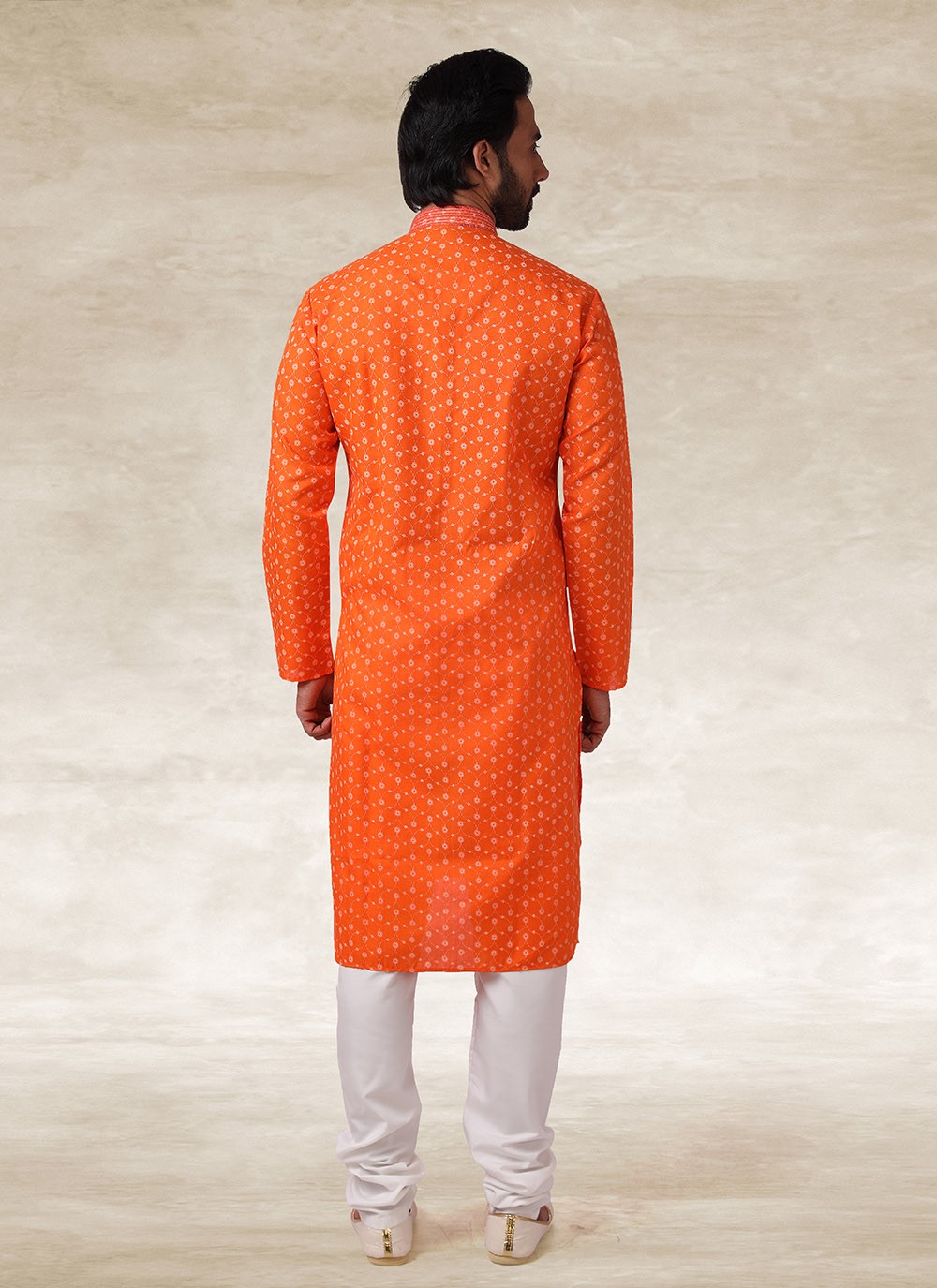 Printed Handloom Cotton Orange Kurta Pyjama - M2696