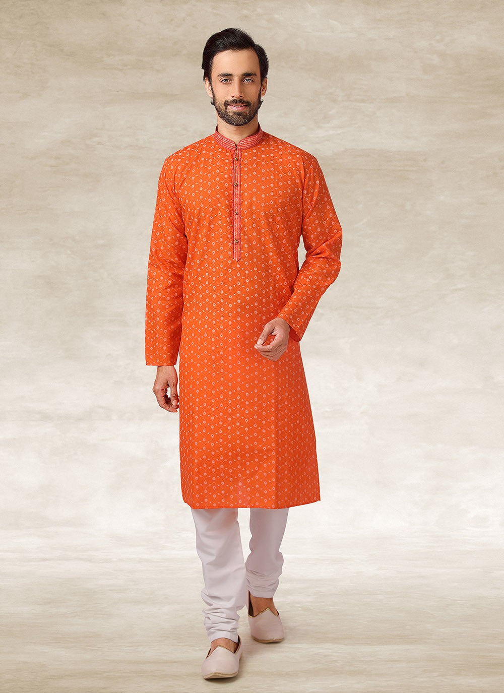 Printed Handloom Cotton Orange Kurta Pyjama - M2696