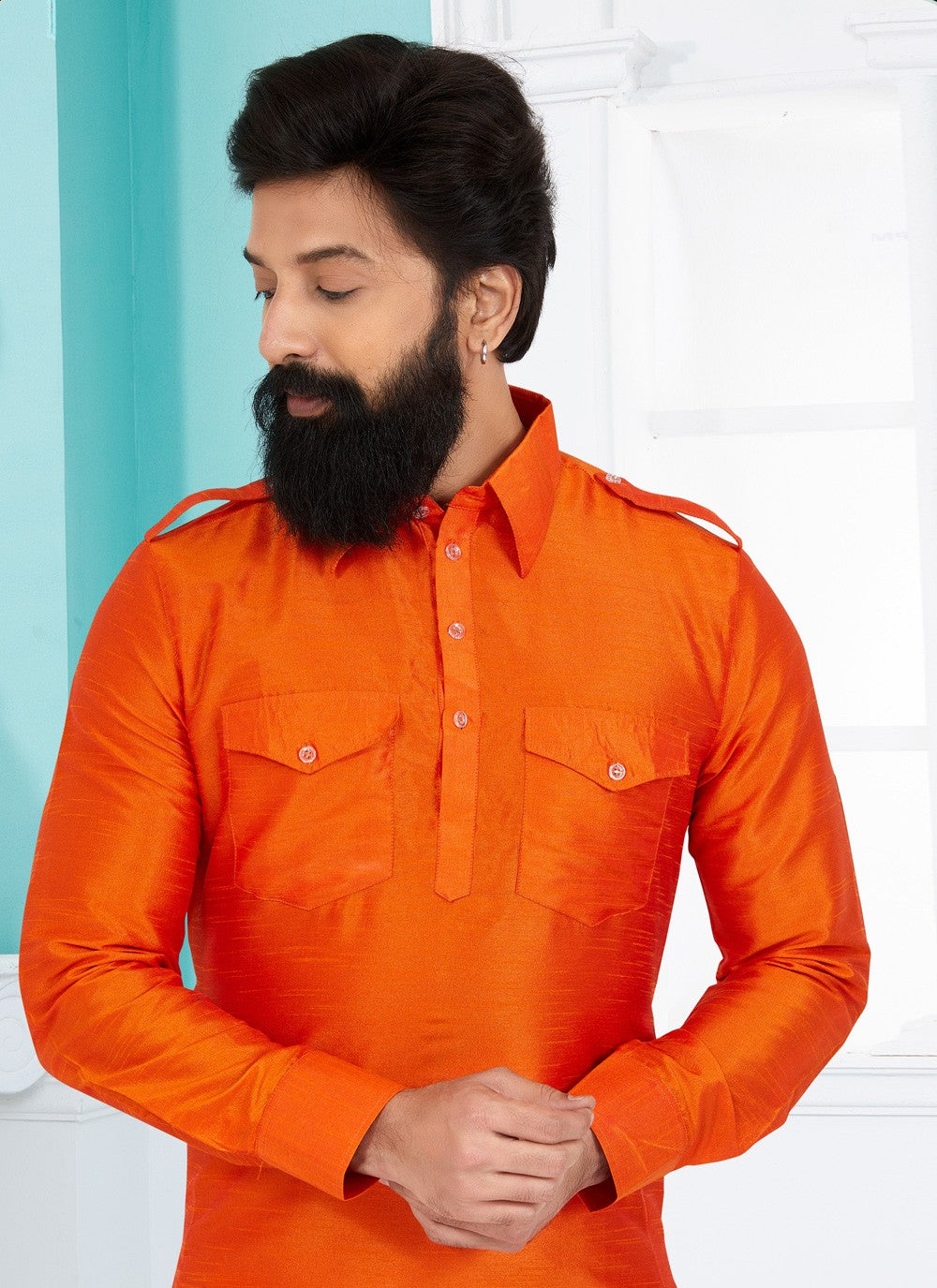 Plain Dupion Silk Orange Kurta Pyjama - M5032