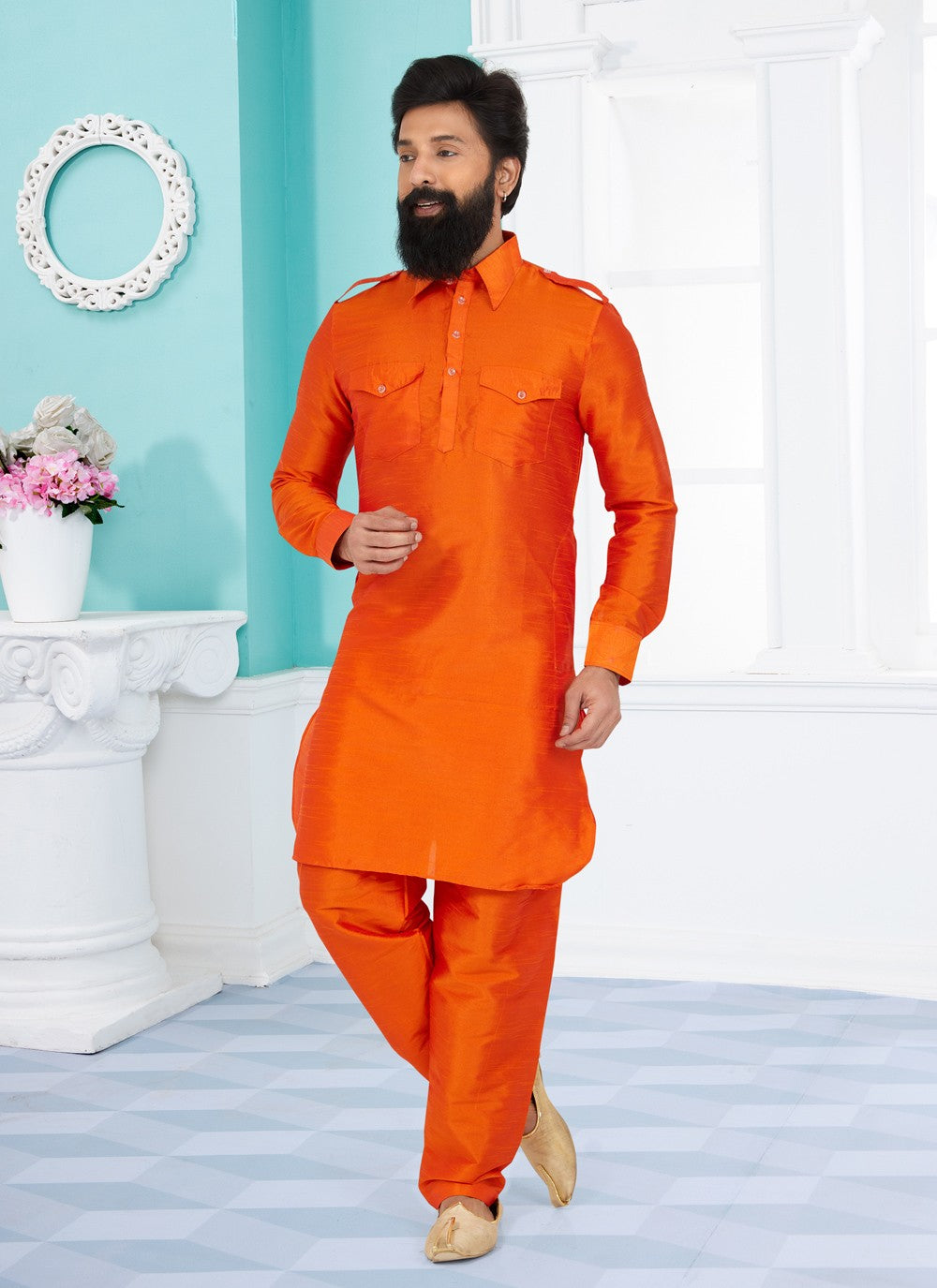 Plain Dupion Silk Orange Kurta Pyjama - M5032