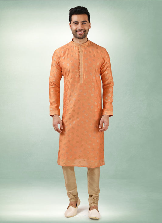 Printed Art Silk Orange Kurta Pyjama - M2851