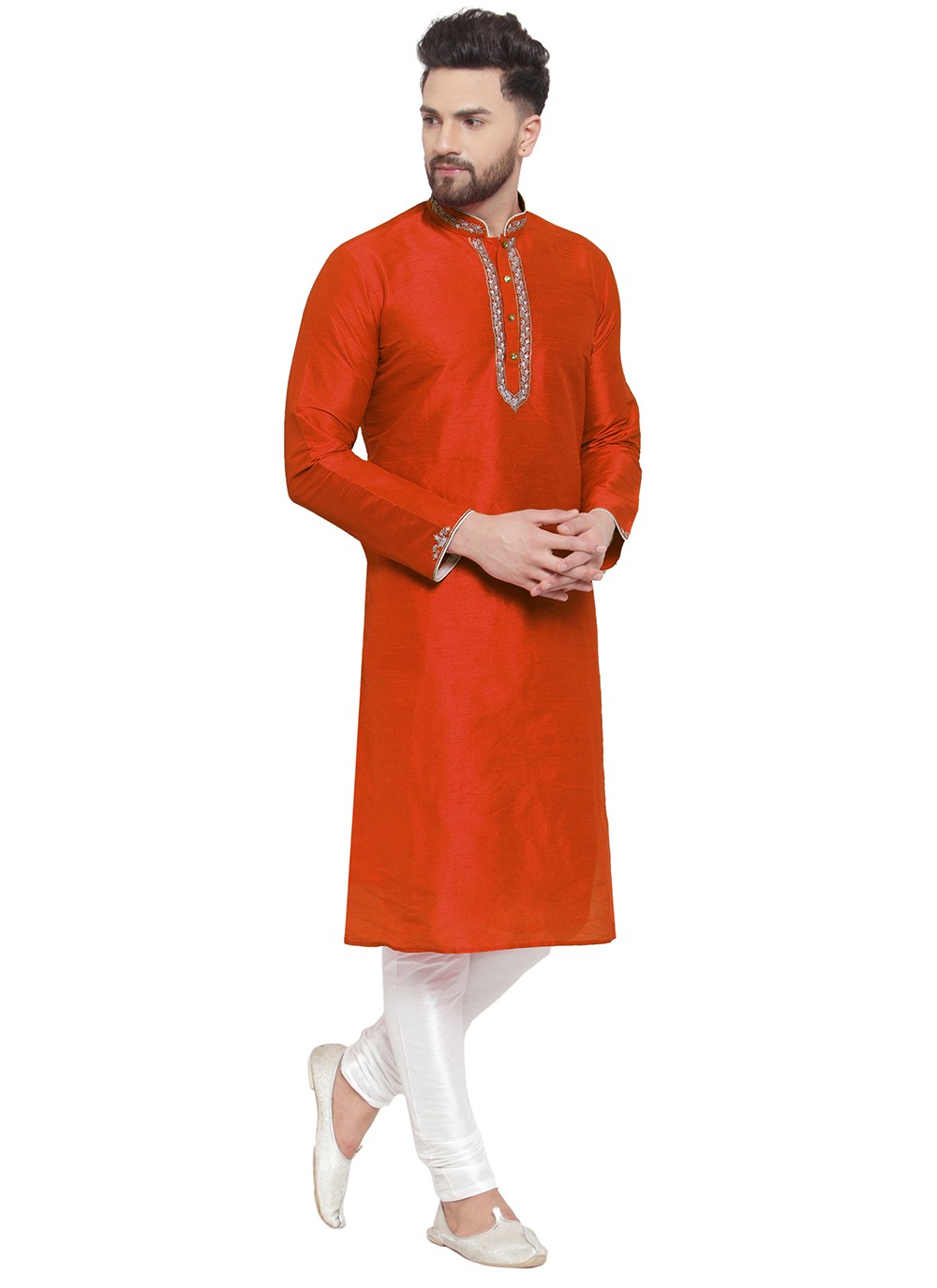 Embroidered Dupion Silk Orange Kurta Pyjama - M7313