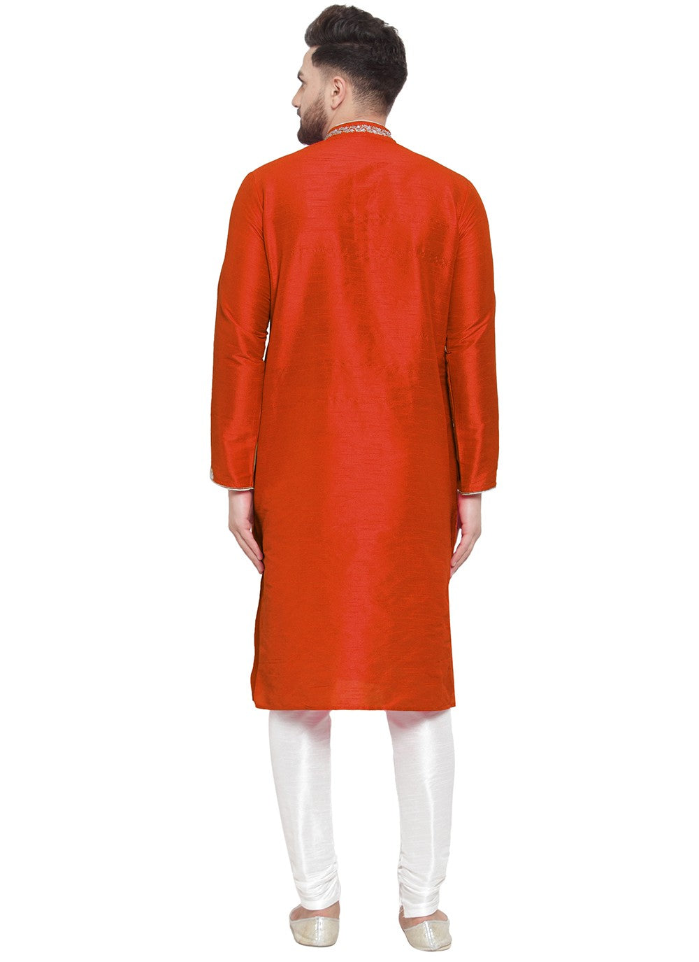 Embroidered Dupion Silk Orange Kurta Pyjama - M7313