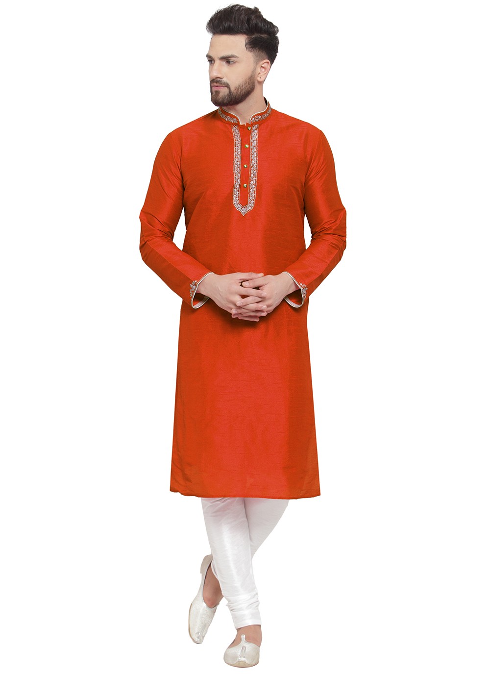 Embroidered Dupion Silk Orange Kurta Pyjama - M7313