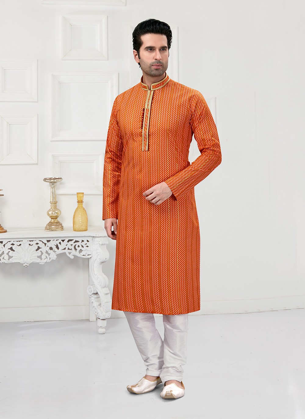 Printed Cotton Orange Kurta Pyjama - M3160