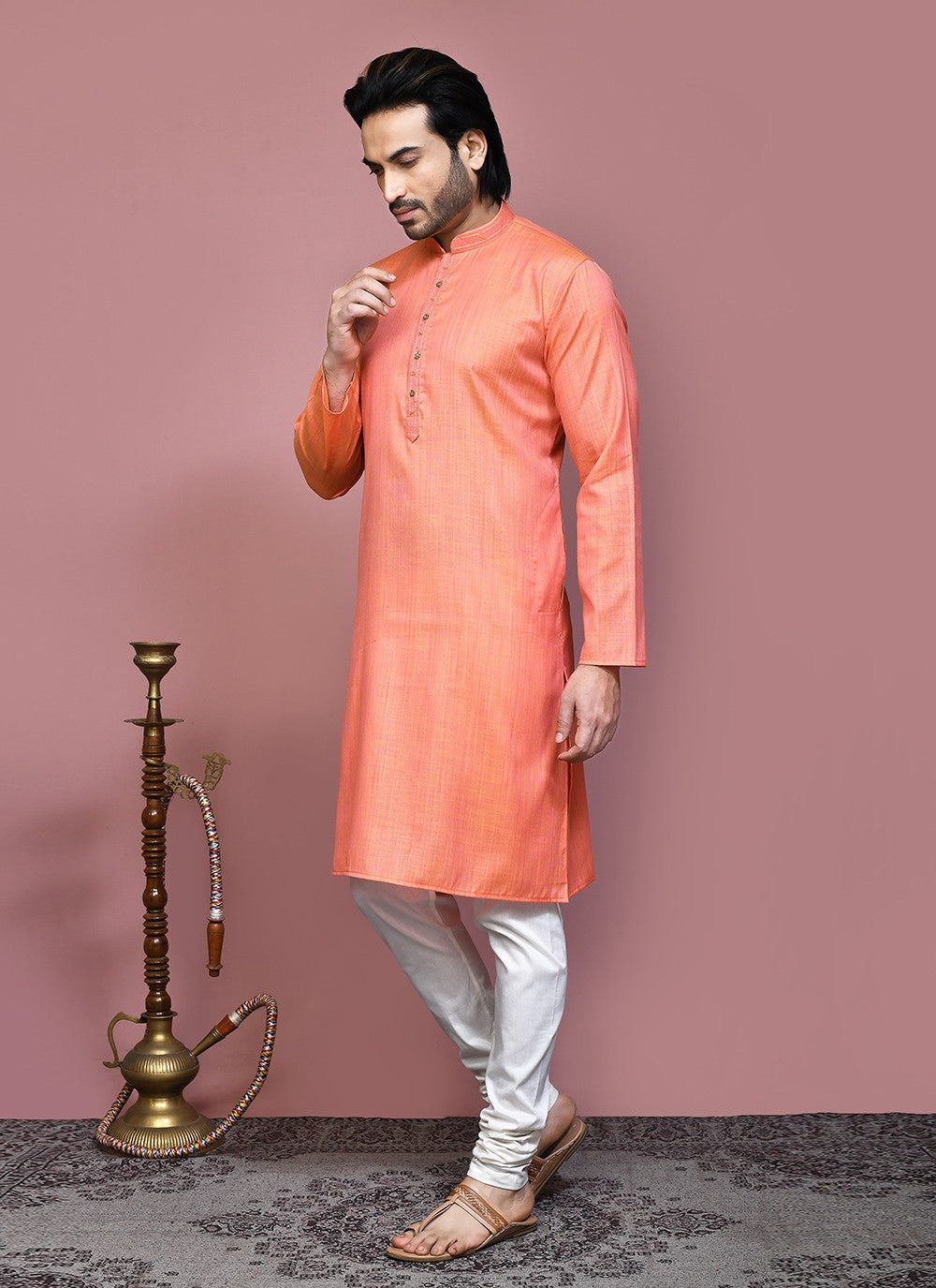 Plain Cotton Silk Orange Kurta Pyjama - M7878