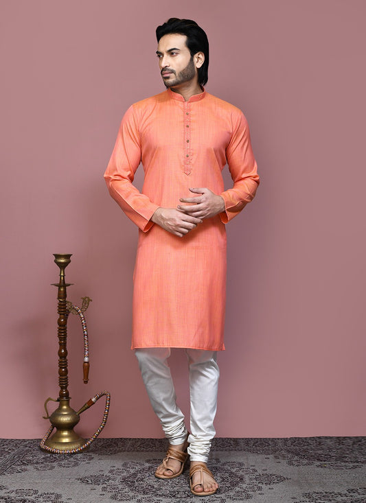 Plain Cotton Silk Orange Kurta Pyjama - M7878