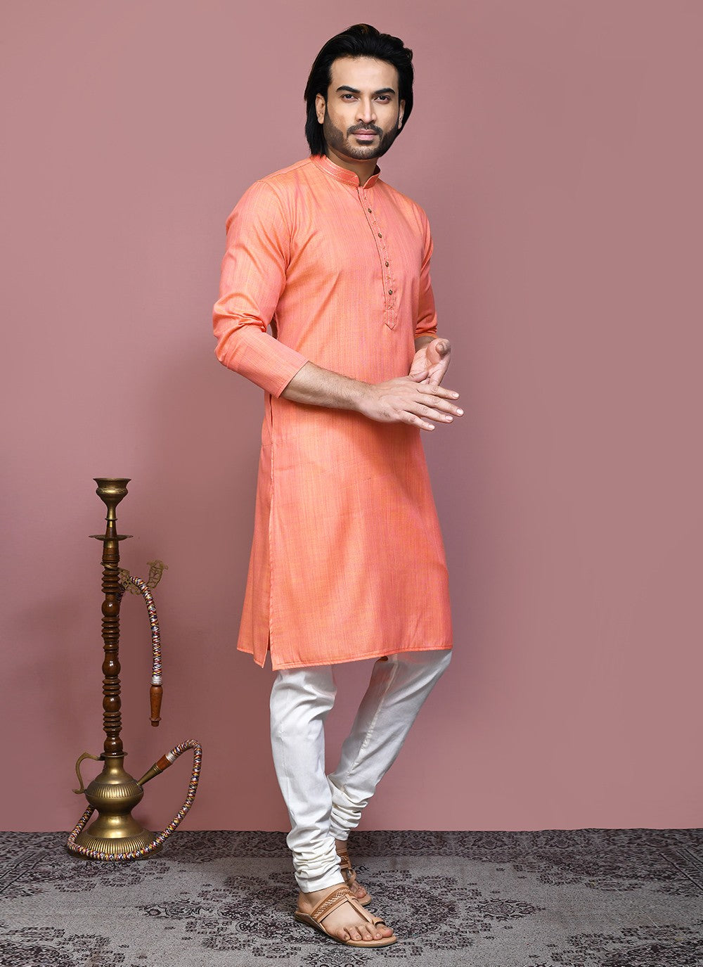 Plain Cotton Silk Orange Kurta Pyjama - M7878