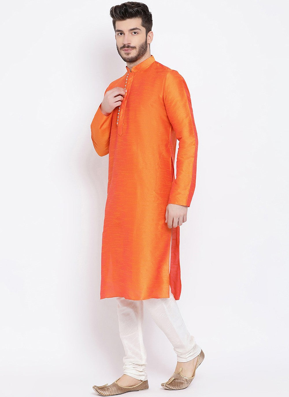 Plain Dupion Silk Orange Kurta Pyjama - M2001