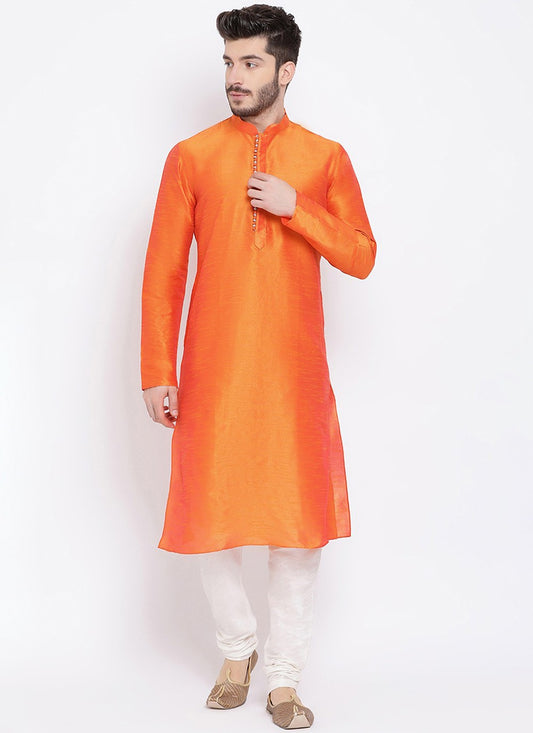 Plain Dupion Silk Orange Kurta Pyjama - M2001