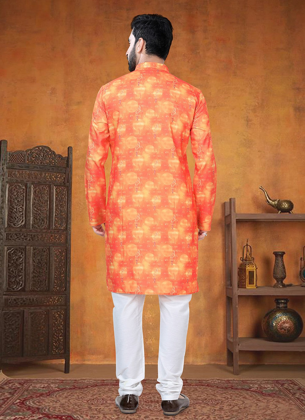 Printed Cotton Orange Kurta Pyjama - M8795