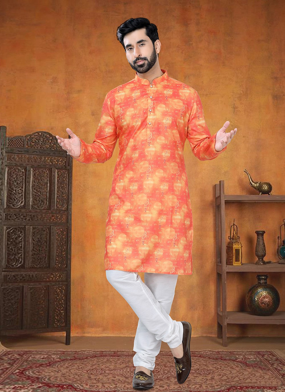 Printed Cotton Orange Kurta Pyjama - M8795