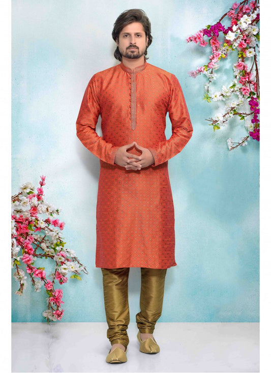 Printed Jacquard Silk Orange Kurta Pyjama - M1684