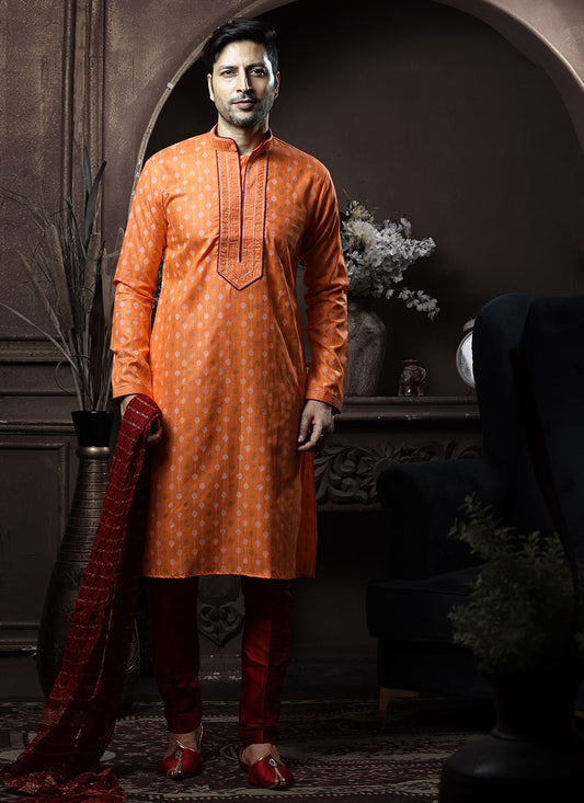 Printed Cotton Orange Kurta Pyjama - M3622