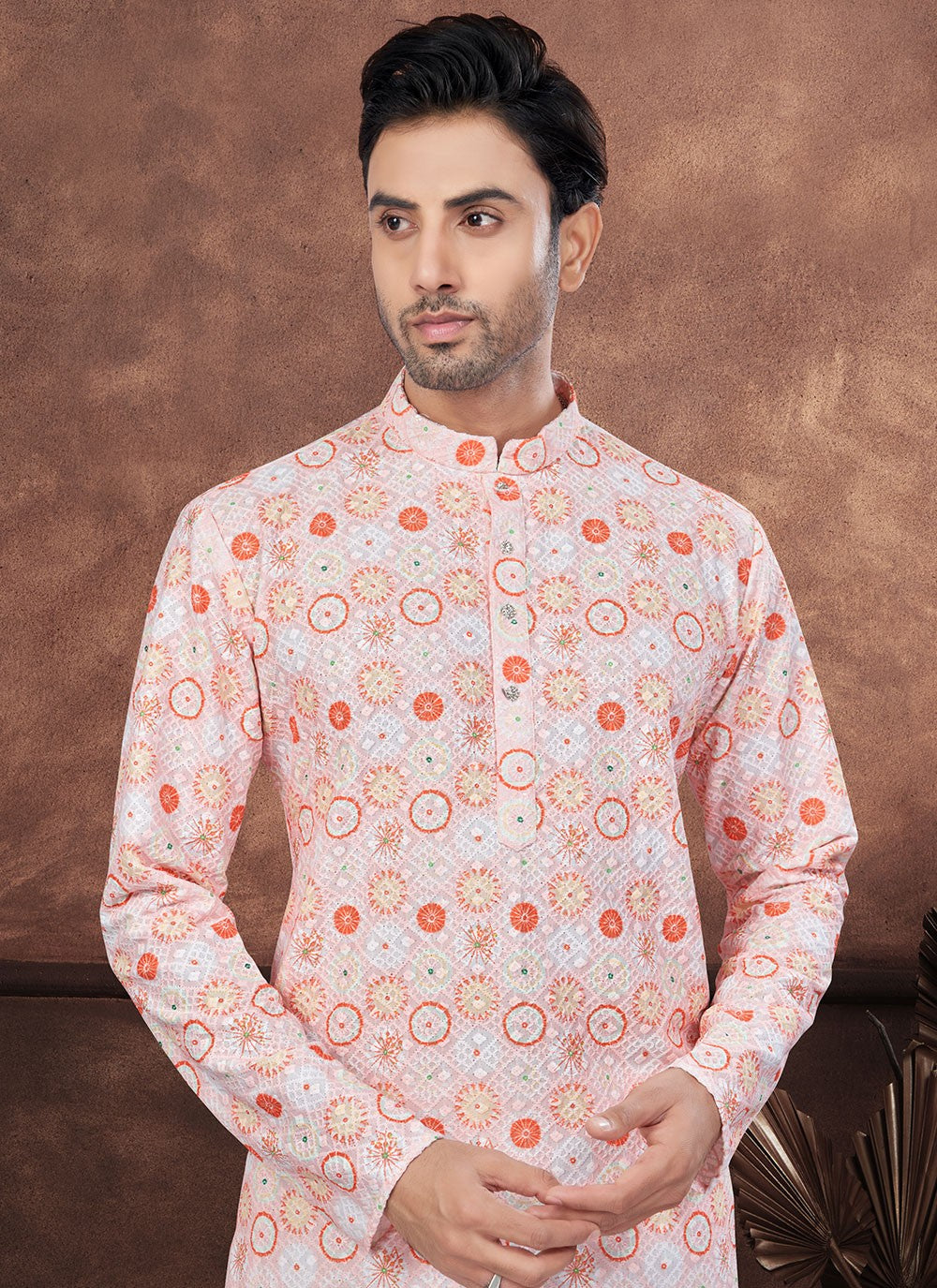 Digital Print Rayon Orange Kurta Pyjama - M8695