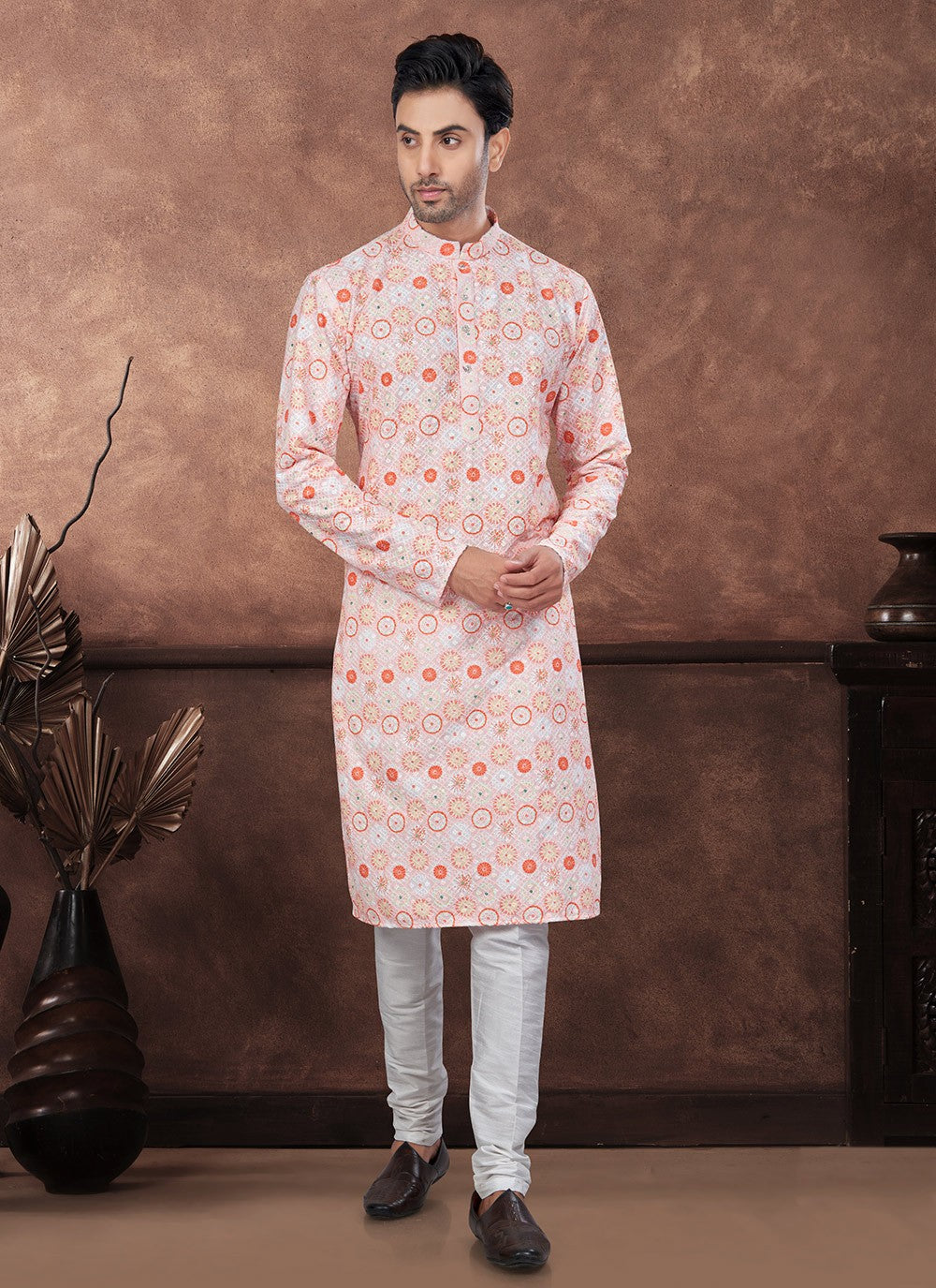 Digital Print Rayon Orange Kurta Pyjama - M8695