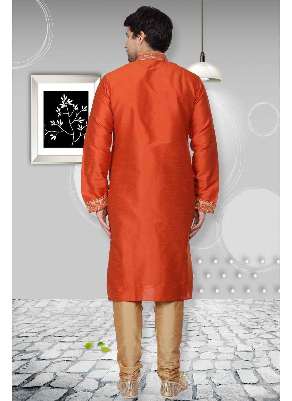 Embroidered Art Dupion Silk Orange Kurta Pyjama - M1101