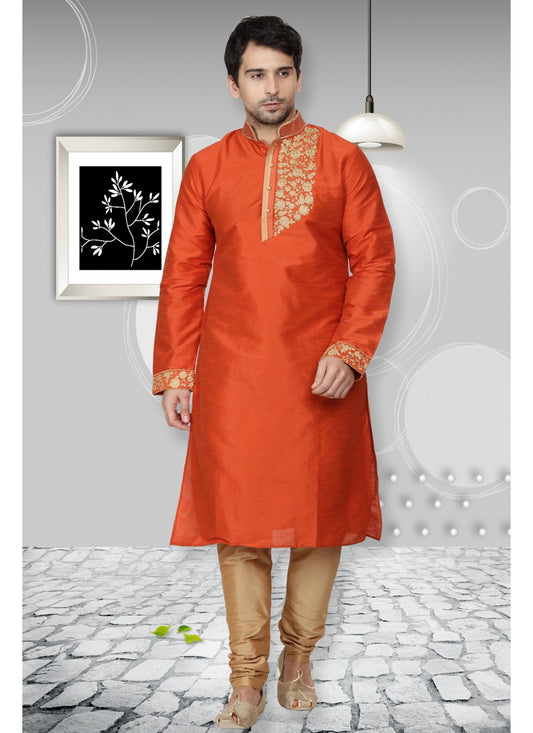 Embroidered Art Dupion Silk Orange Kurta Pyjama - M1101