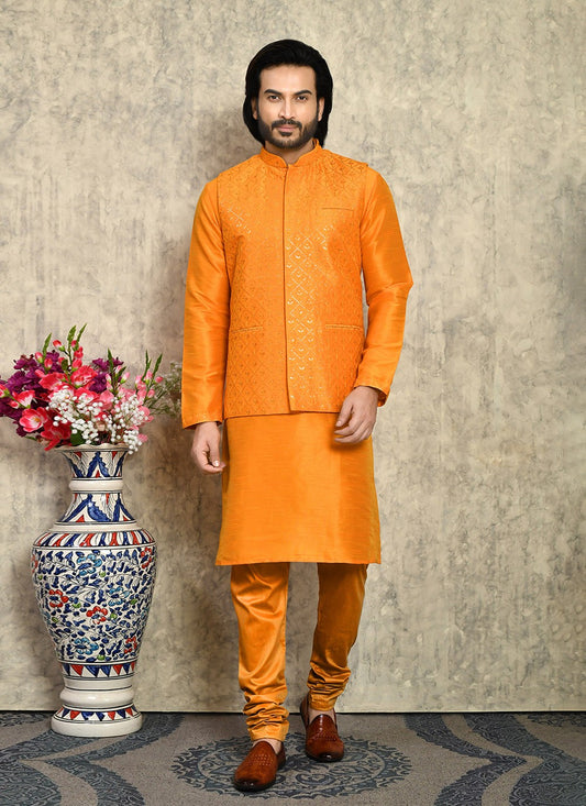 Embroidered Art Silk Orange Kurta Payjama With Jacket - M8008