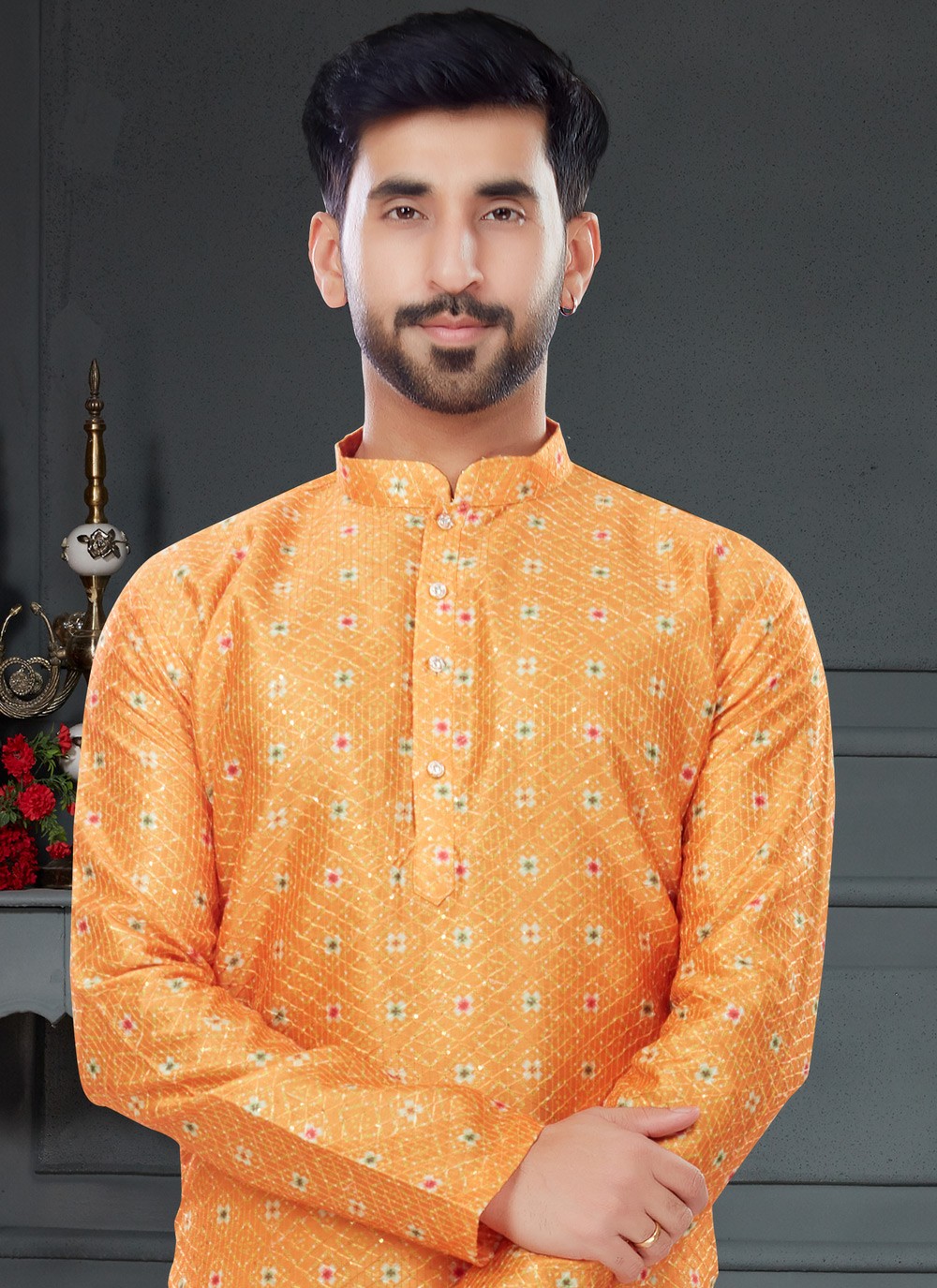 Digital Print Silk Orange Kurta Pyjama - M4742