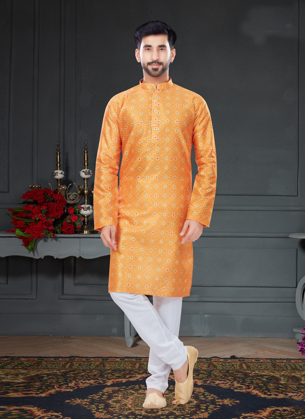 Digital Print Silk Orange Kurta Pyjama - M4742