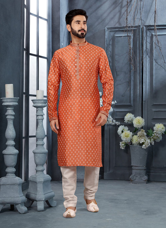 Digital Print Silk Orange Kurta Pyjama - M3048