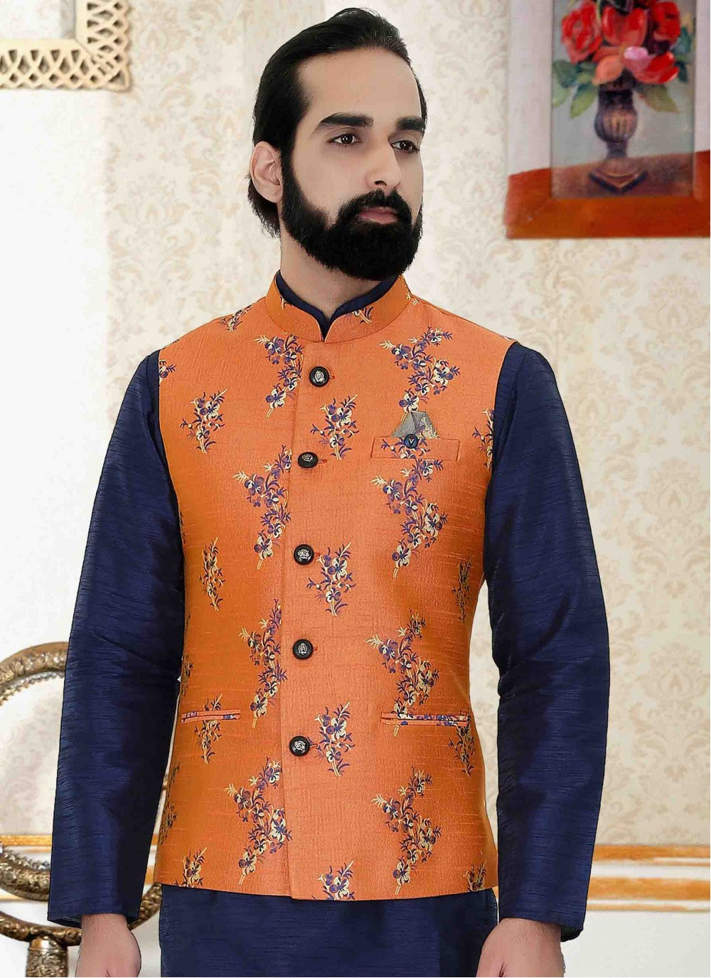 Weaving Zari Jacquard Orange Nehru Jackets - M1539