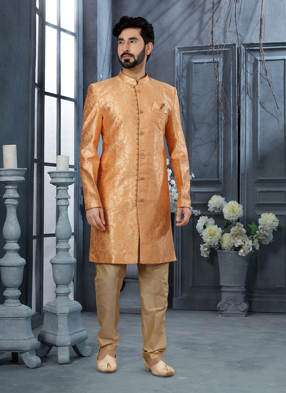 Zari Jacquard Orange Sherwani - M2906