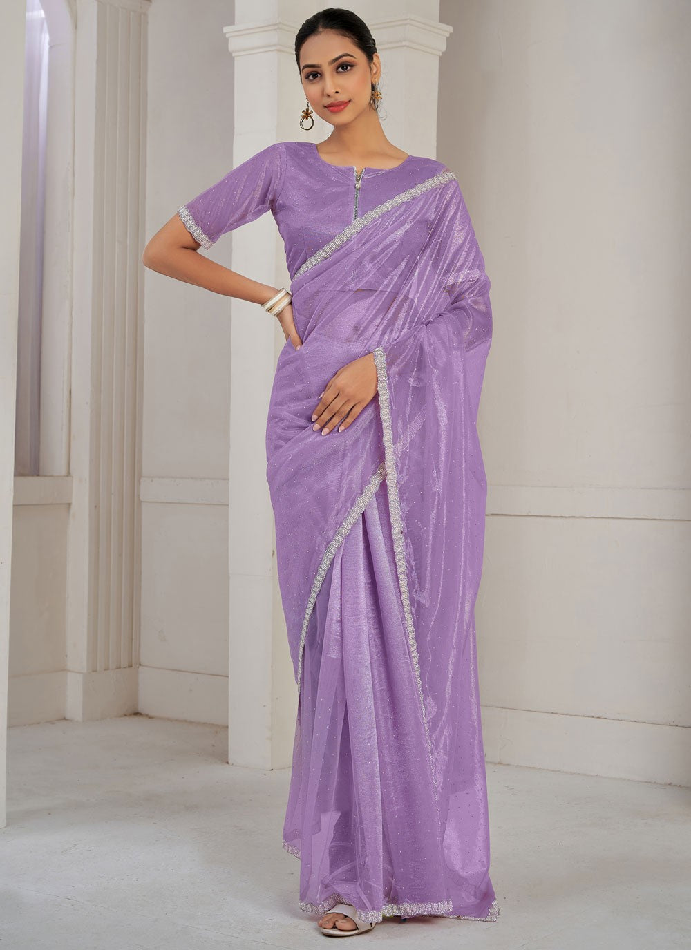 Designer Cutdana Net, Organza Blue, Grey Saree - S10647