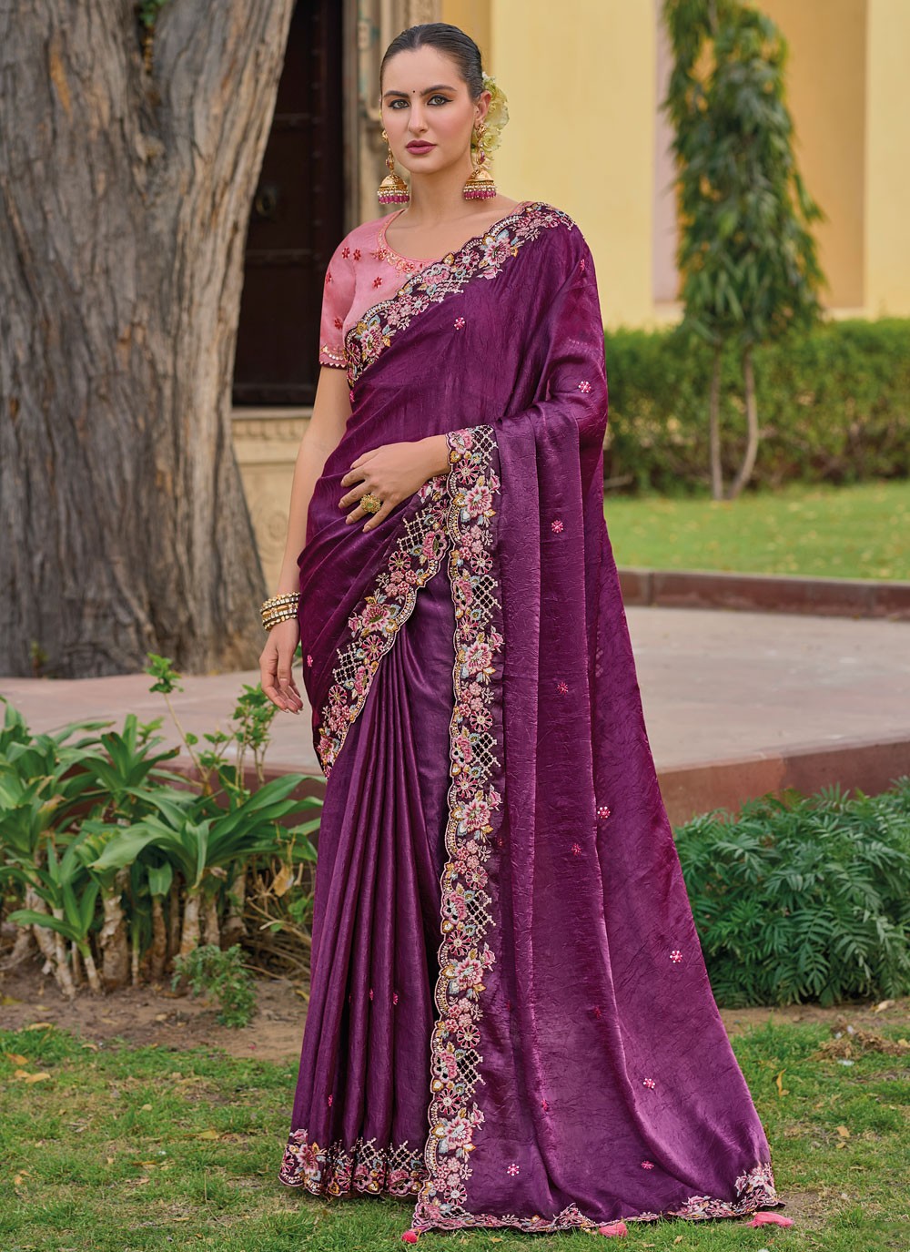 Trendy Cut Work Organza, Silk Saree - S5901