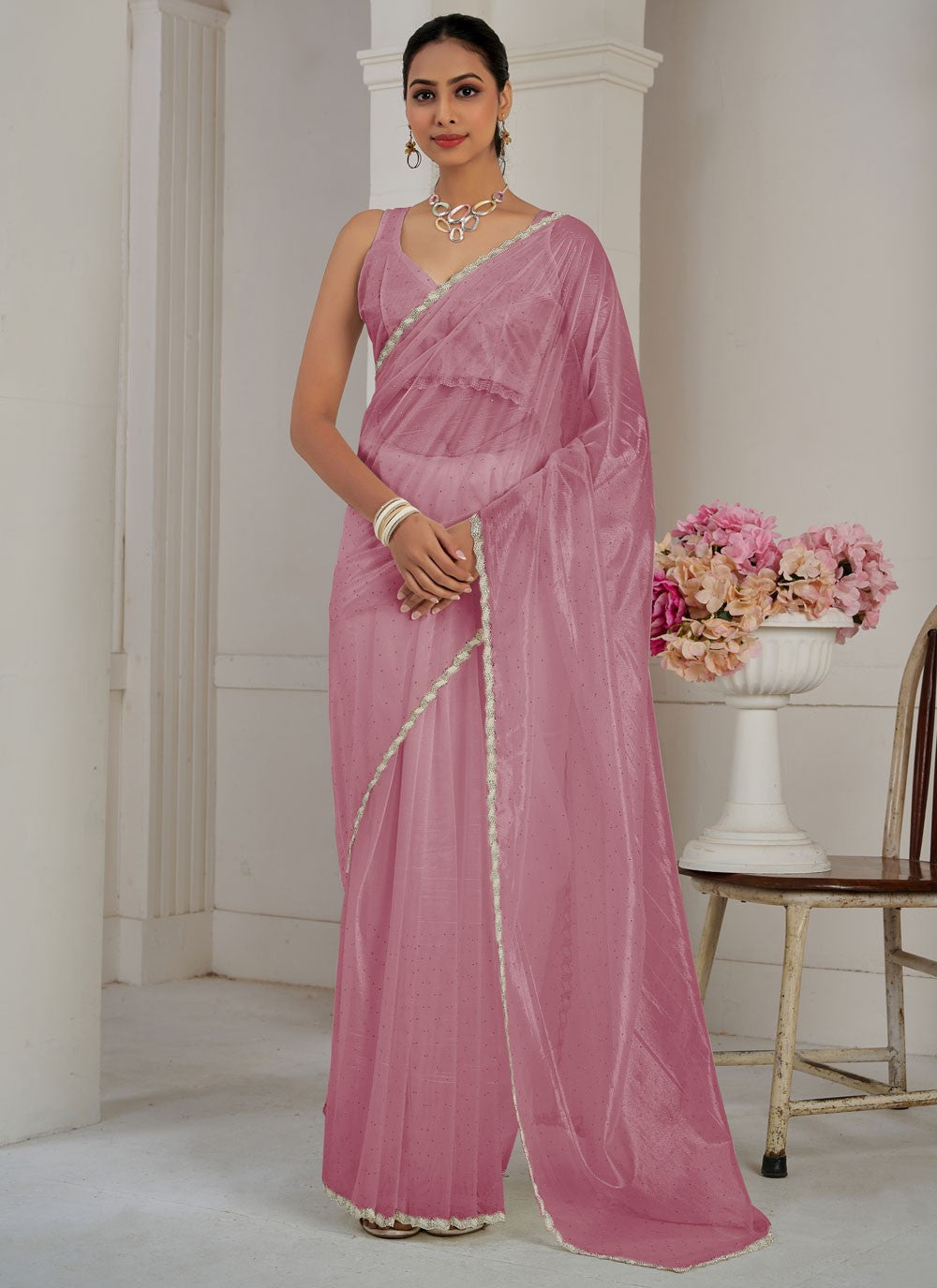 Classic Cutdana Net, Organza Magenta, Pink Saree - S10697