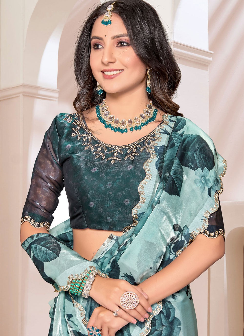 Trendy Cut Work Organza, Silk Aqua Blue Saree - S11267