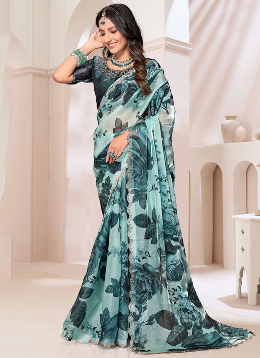 Trendy Cut Work Organza, Silk Aqua Blue Saree - S11267