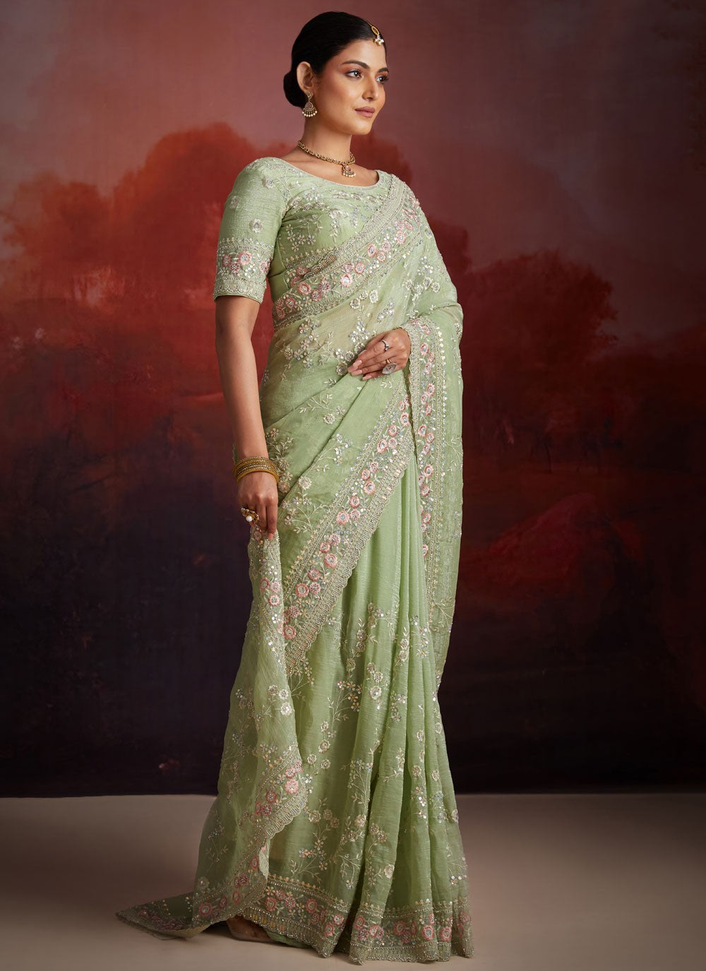 Cutdana, Embroidered, Sequins, Thread Organza Saree - S12047